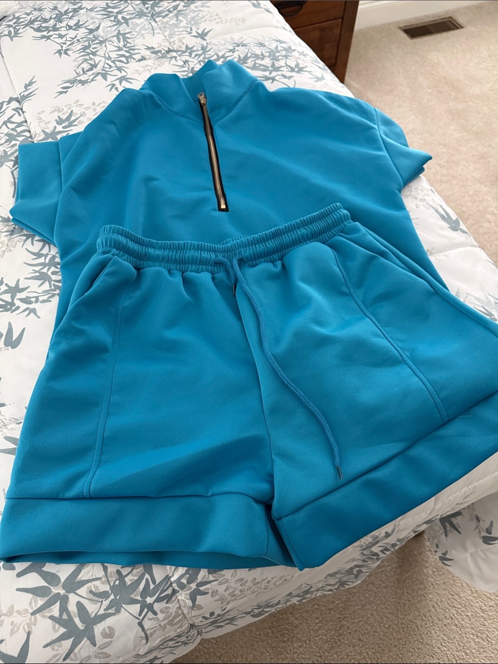 Women's Bright Turquoise Short Set with Zip Mock Neck